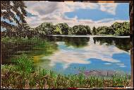 Marija Ban - voda, jezero, les ručně malovaný obraz, olejomalba na platně