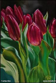 Marija Ban - červené tulipány, olejomalba na platně 60x40 cm