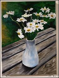 Marija Ban - hand painted image of daisy in vase, oil painting on panel